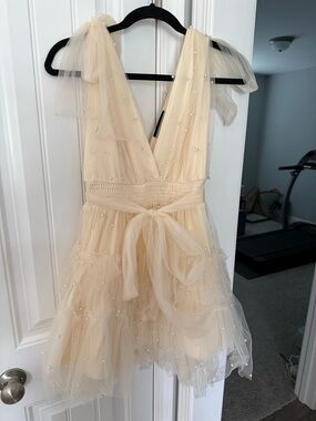 Anna Grace Cream Pearl-Accented Tulle Dress